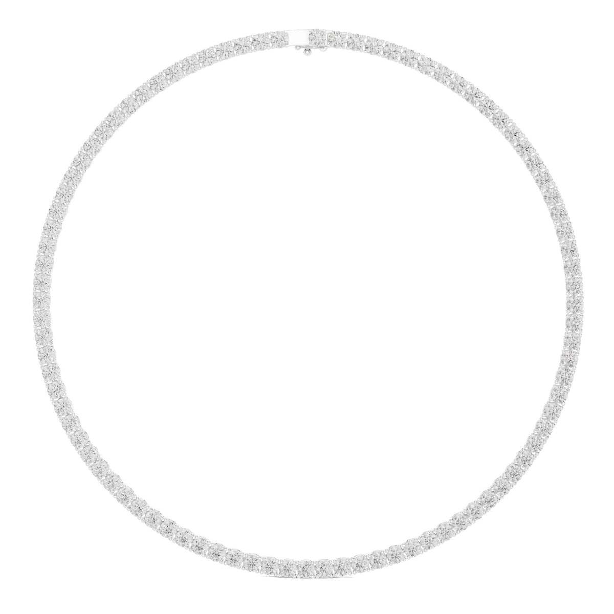 Round diamond tennis necklace in white metal, full oval view with diamond row