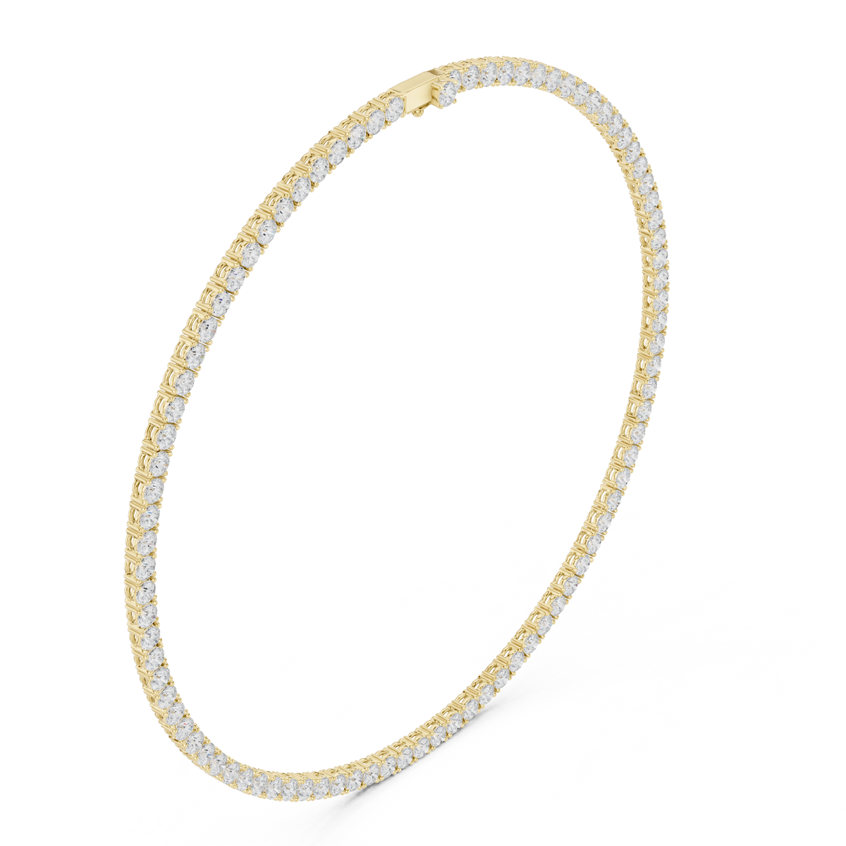 Yellow gold tennis necklace with round-cut diamonds, full loop view