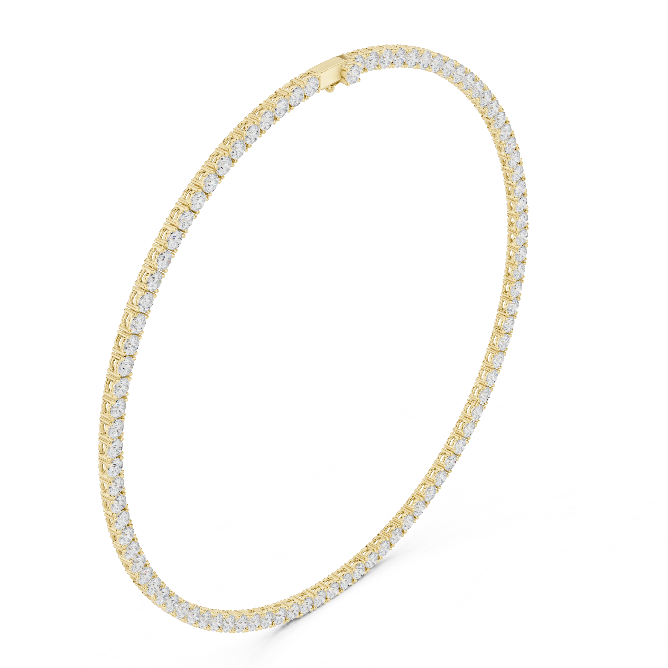 Round diamond tennis necklace in yellow gold, continuous round diamond row