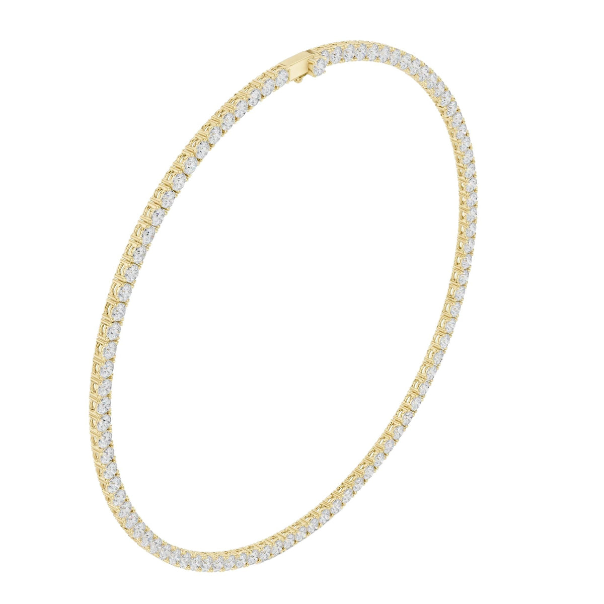 Yellow gold tennis necklace with round-cut diamonds, full loop view