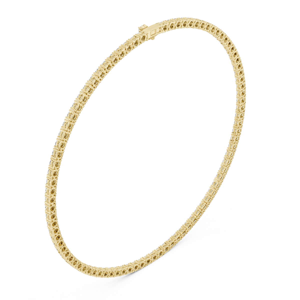 Yellow gold tennis necklace with round-cut diamonds, angled close view