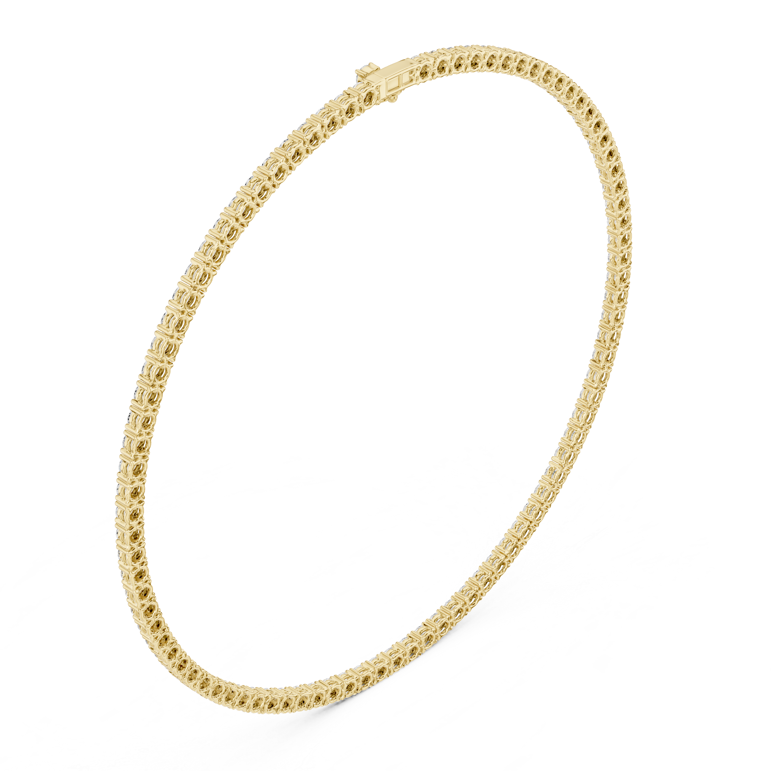 Round diamond tennis necklace in yellow gold, side view of diamond row