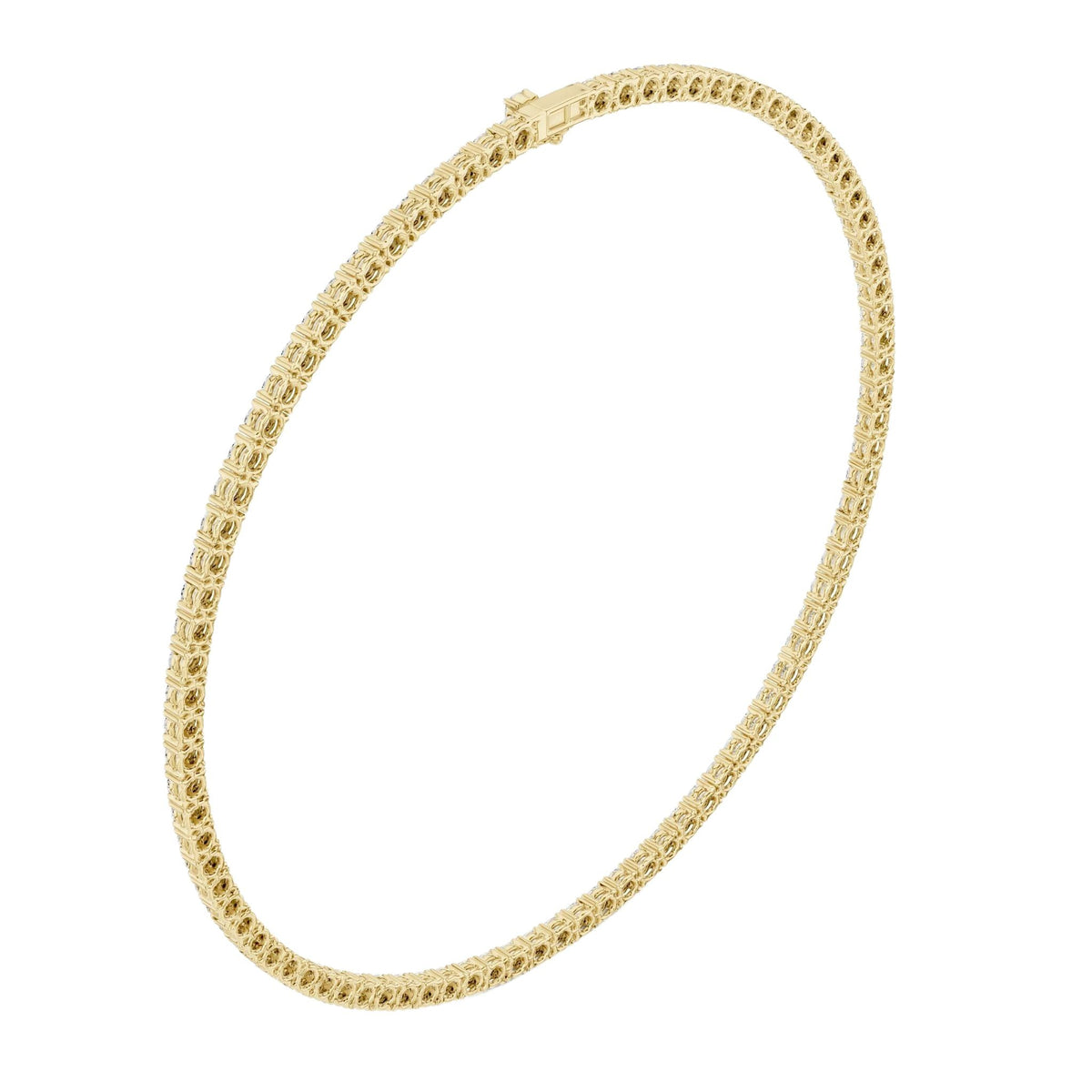 Yellow gold tennis necklace with round-cut diamonds, angled close view