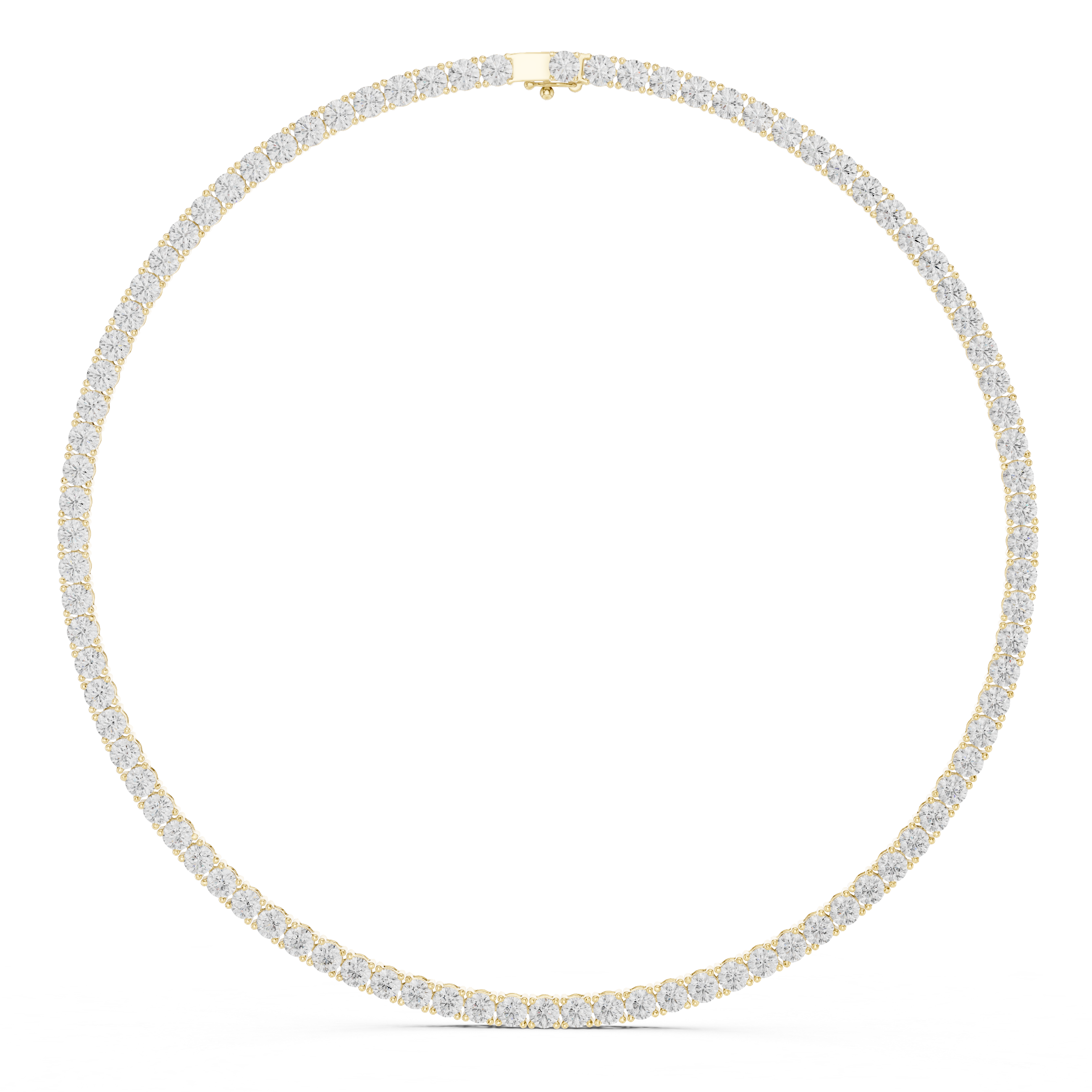 Round-cut diamond tennis necklace in yellow metal, full loop view