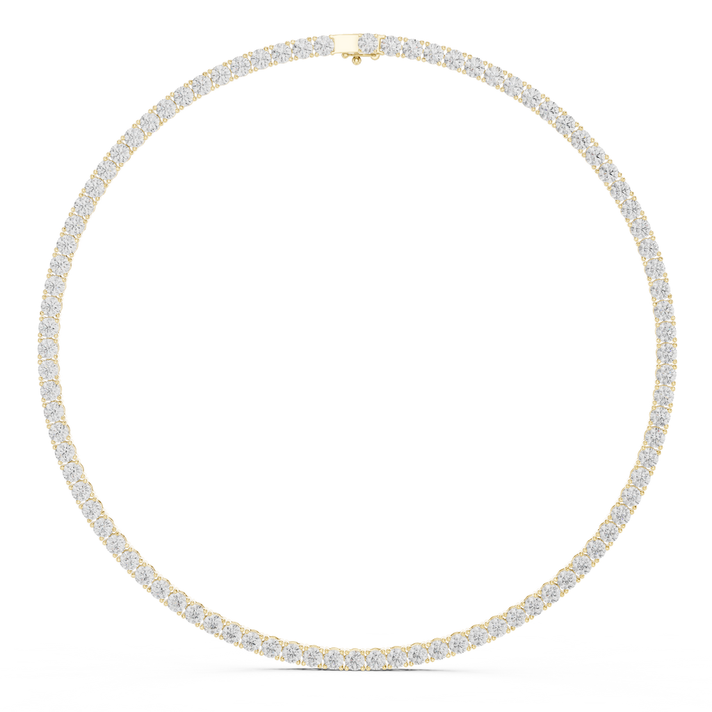 Round diamond tennis necklace in yellow gold, full oval view with diamond row