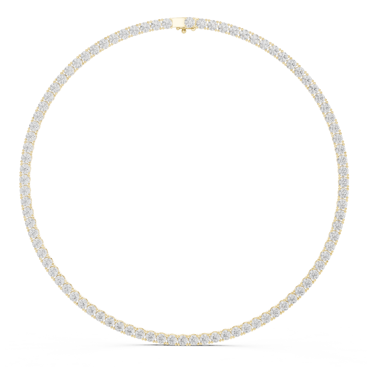 Round-cut diamond tennis necklace in yellow metal, full loop view
