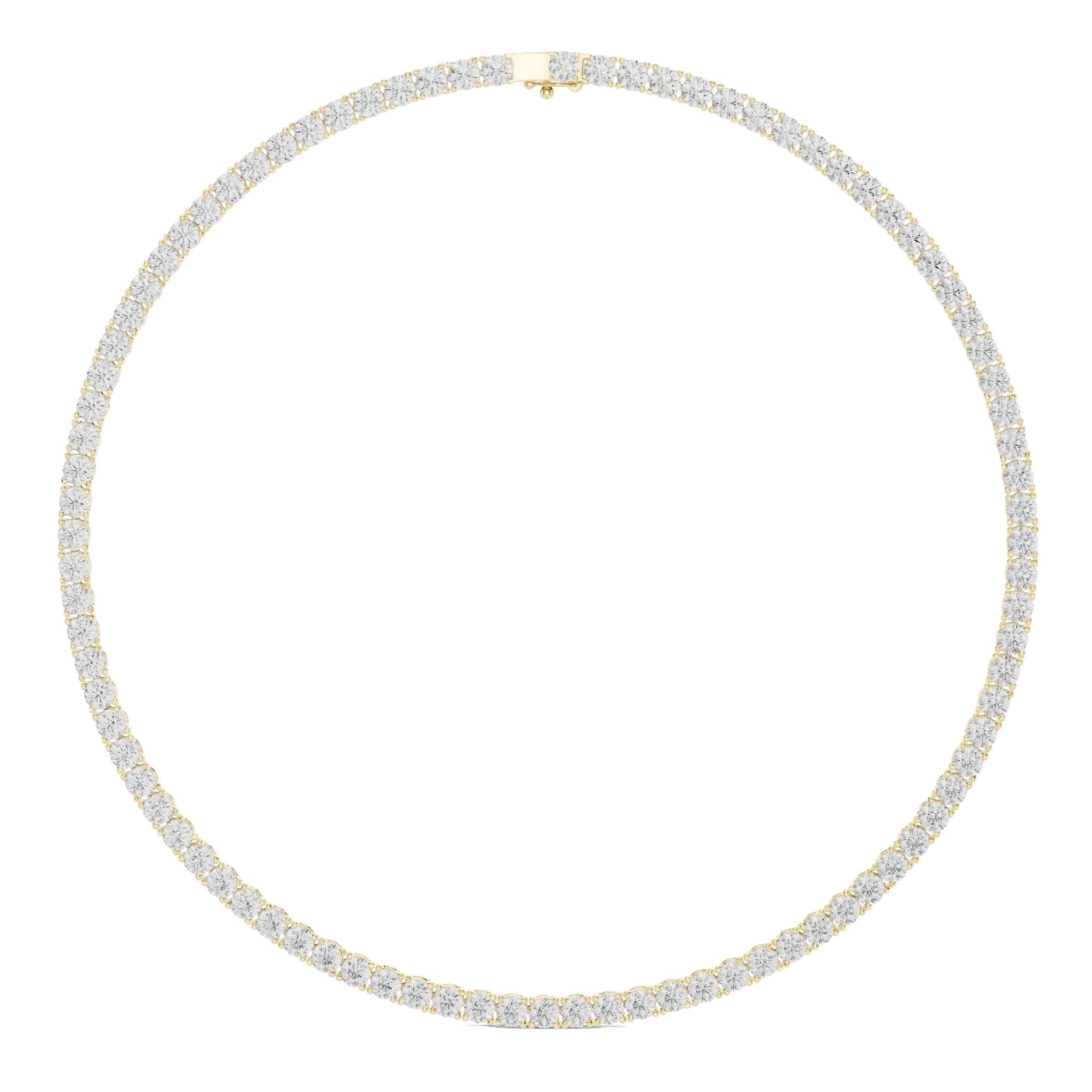 Round-cut diamond tennis necklace in yellow metal, full loop view