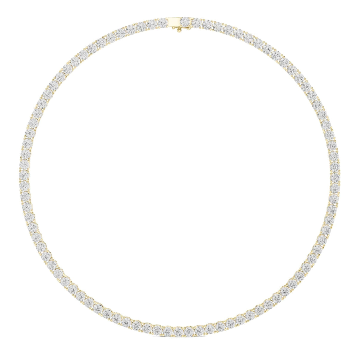 Round-cut diamond tennis necklace in yellow metal, full loop view