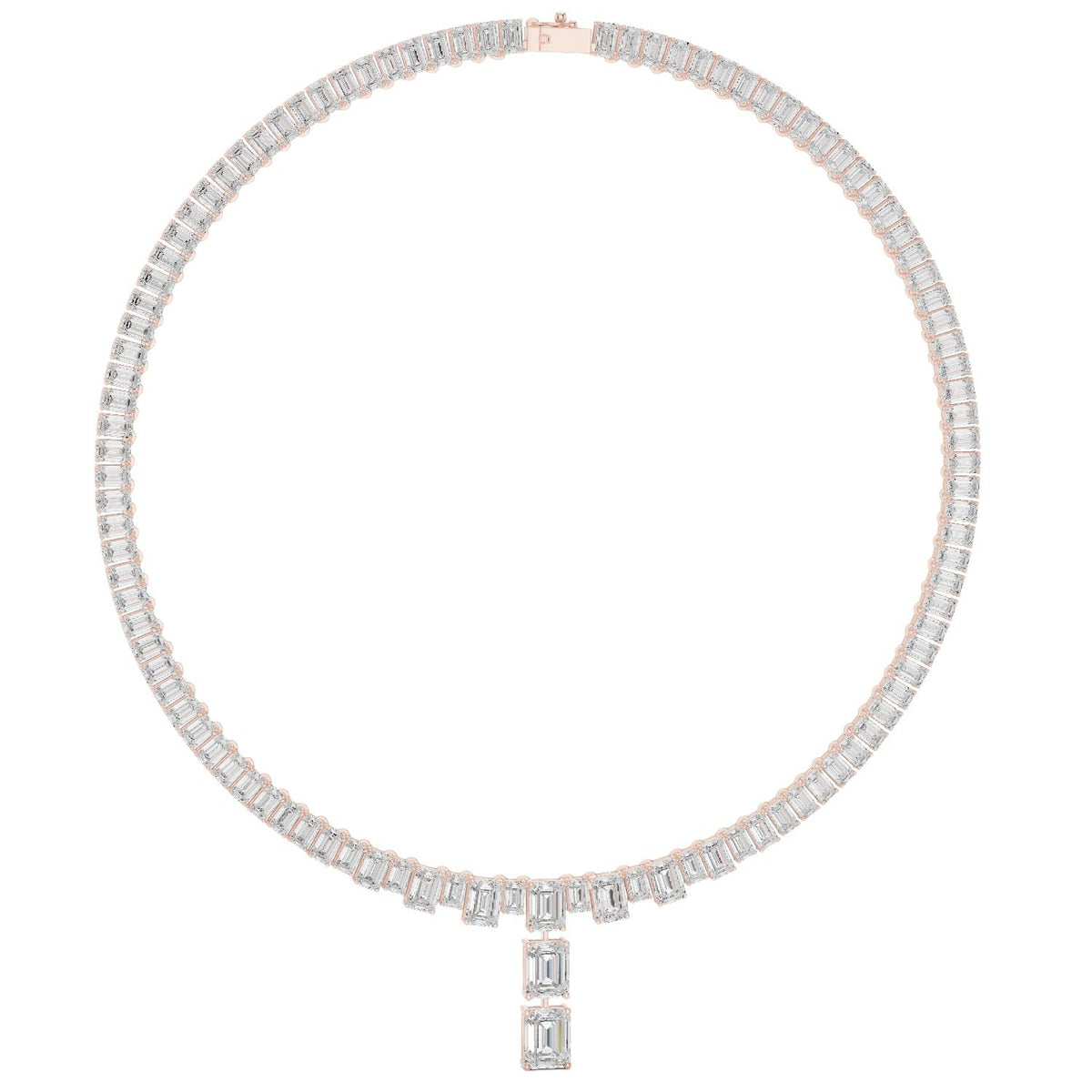 Rose gold emerald-cut diamond pendant on a line of baguette diamonds and prongs