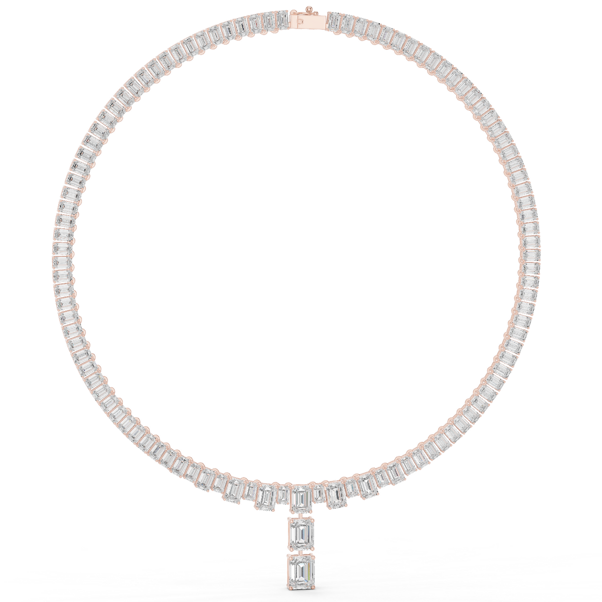 Rose gold emerald-cut diamond pendant on a line of baguette diamonds and prongs