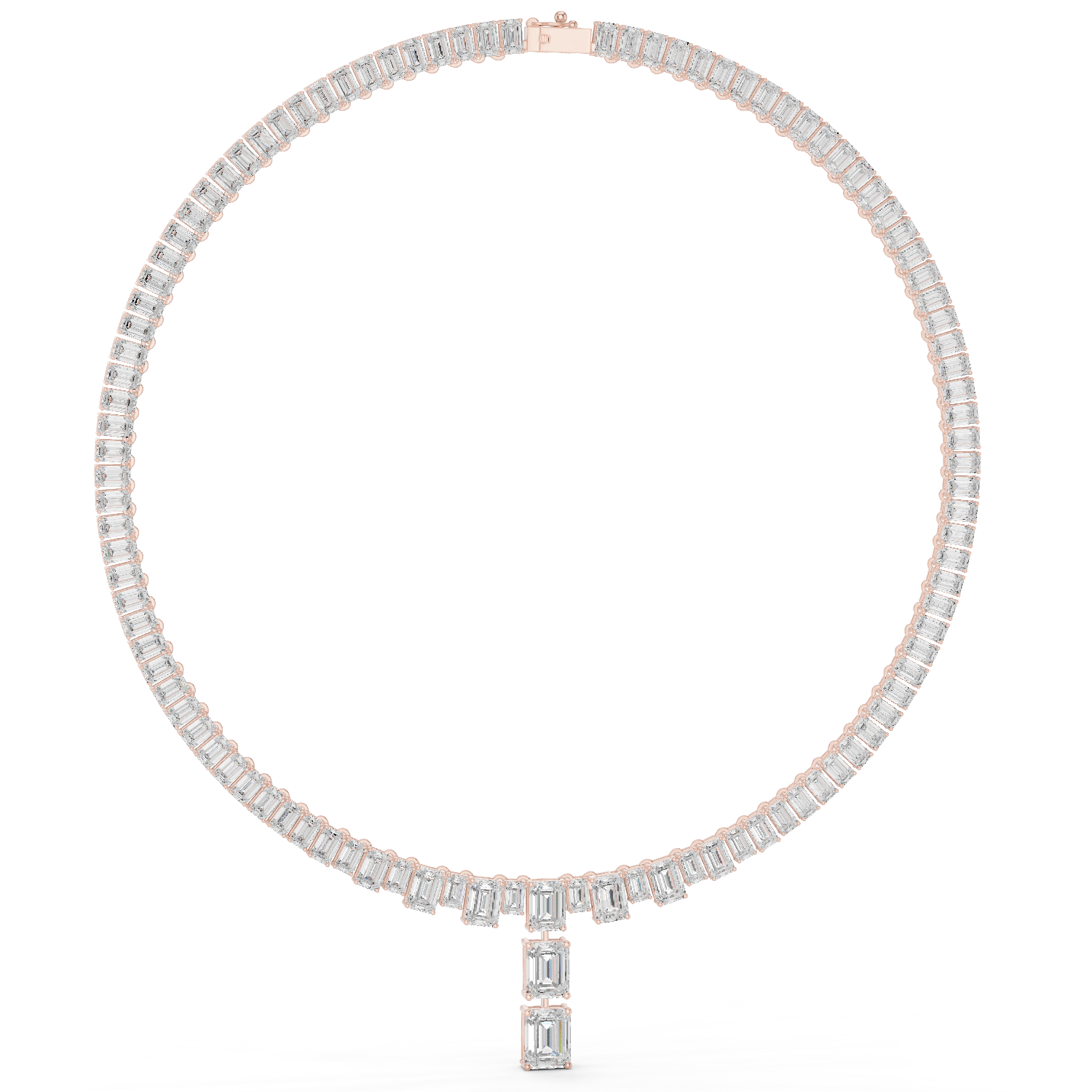 Rose gold emerald-cut diamond pendant on a line of baguette diamonds and prongs