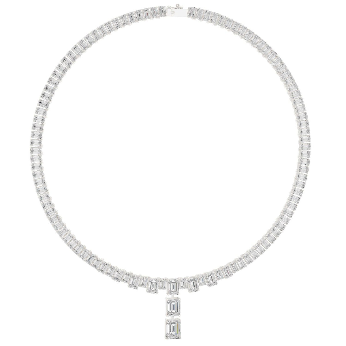 Emerald-cut diamond line necklace in white gold with baguette diamonds along the chain