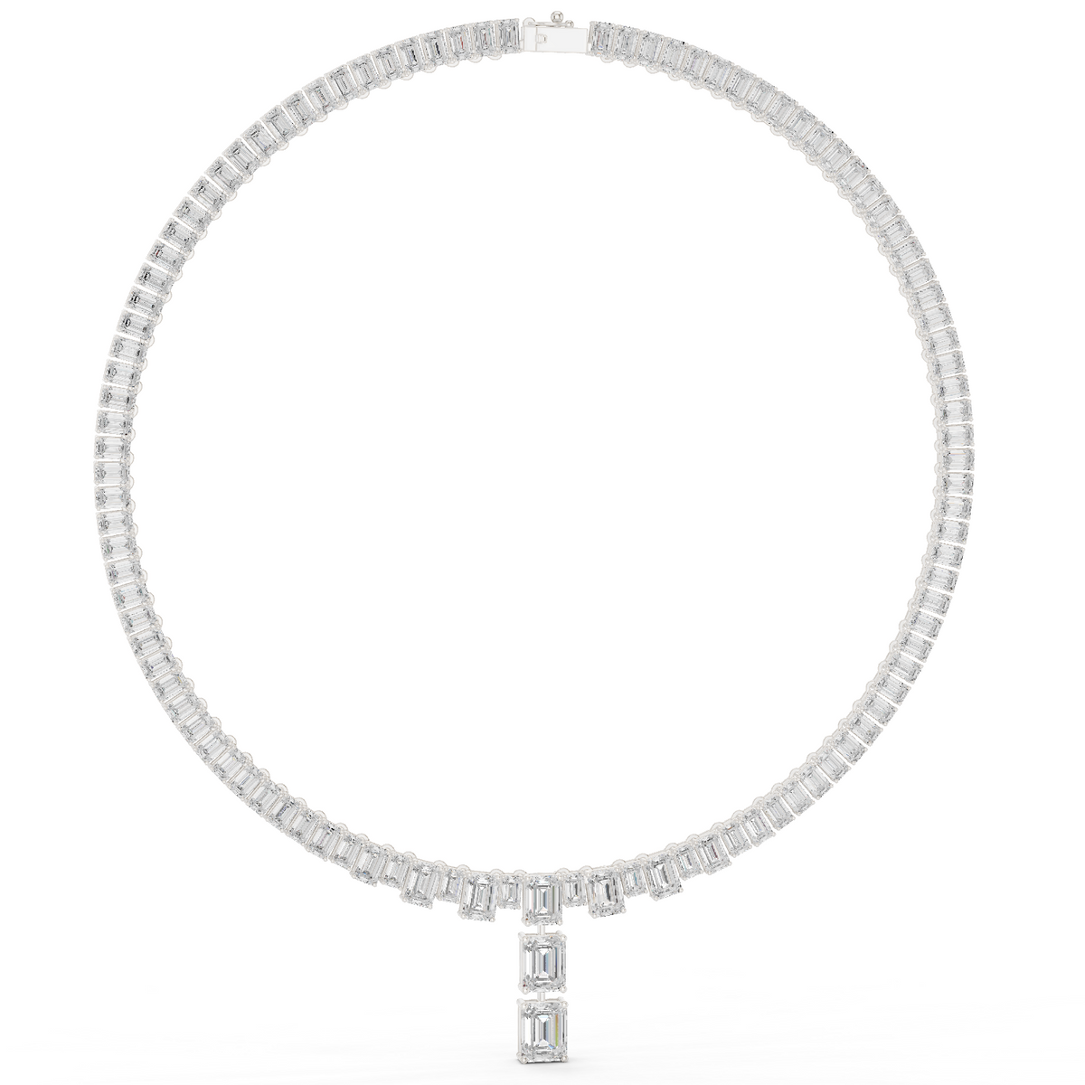Emerald-cut diamond line necklace in white gold with baguette diamonds along the chain