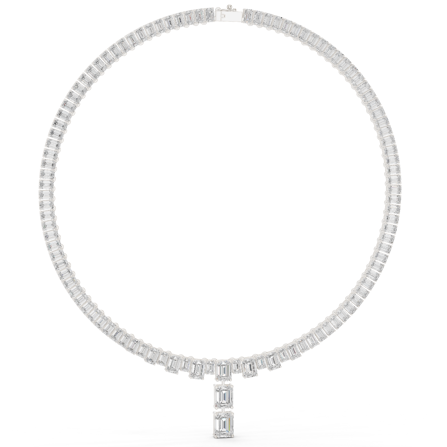 Emerald-cut diamond line necklace in white gold with baguette diamonds along the chain