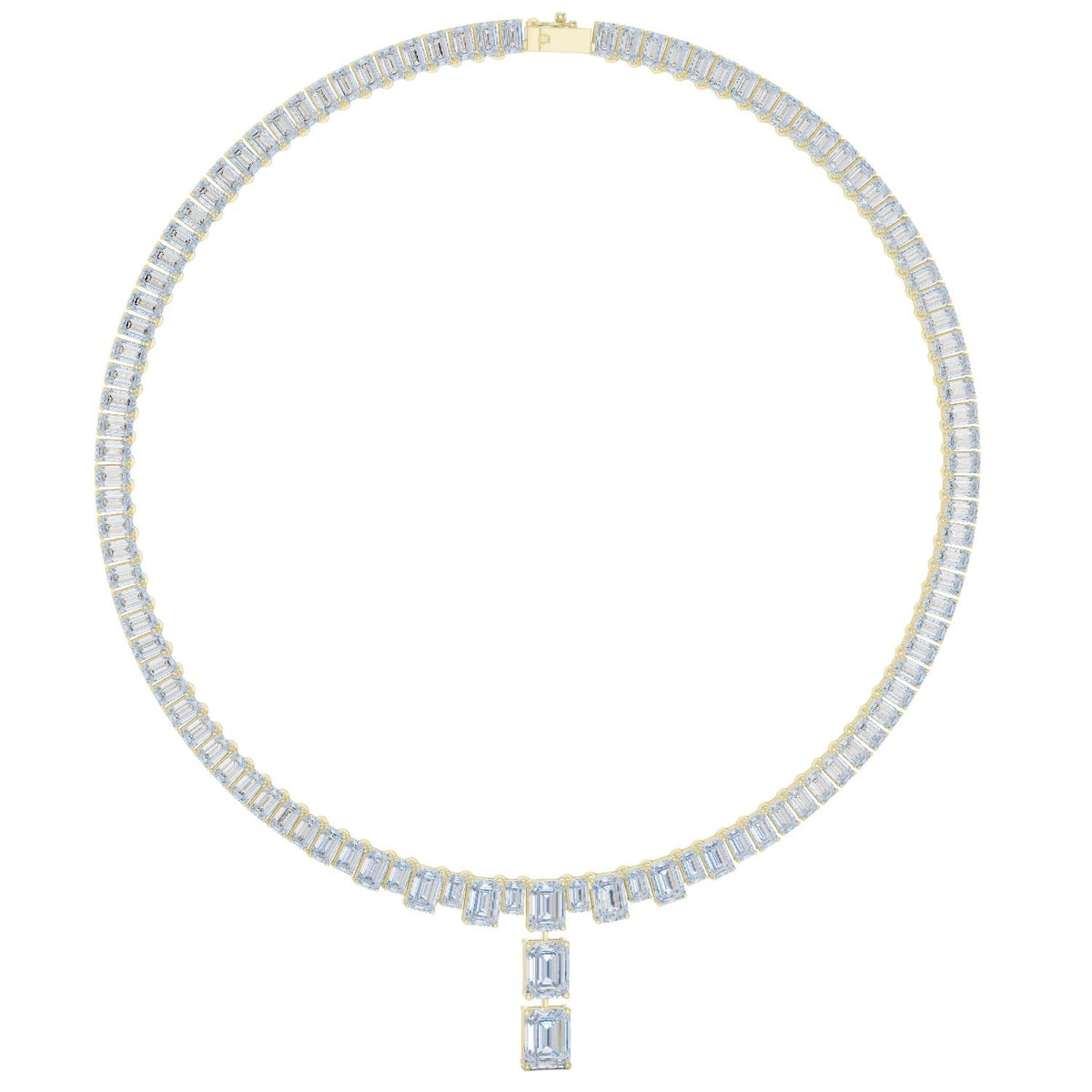 Emerald-cut diamond line necklace in yellow gold with baguette diamonds and emerald-cut drop