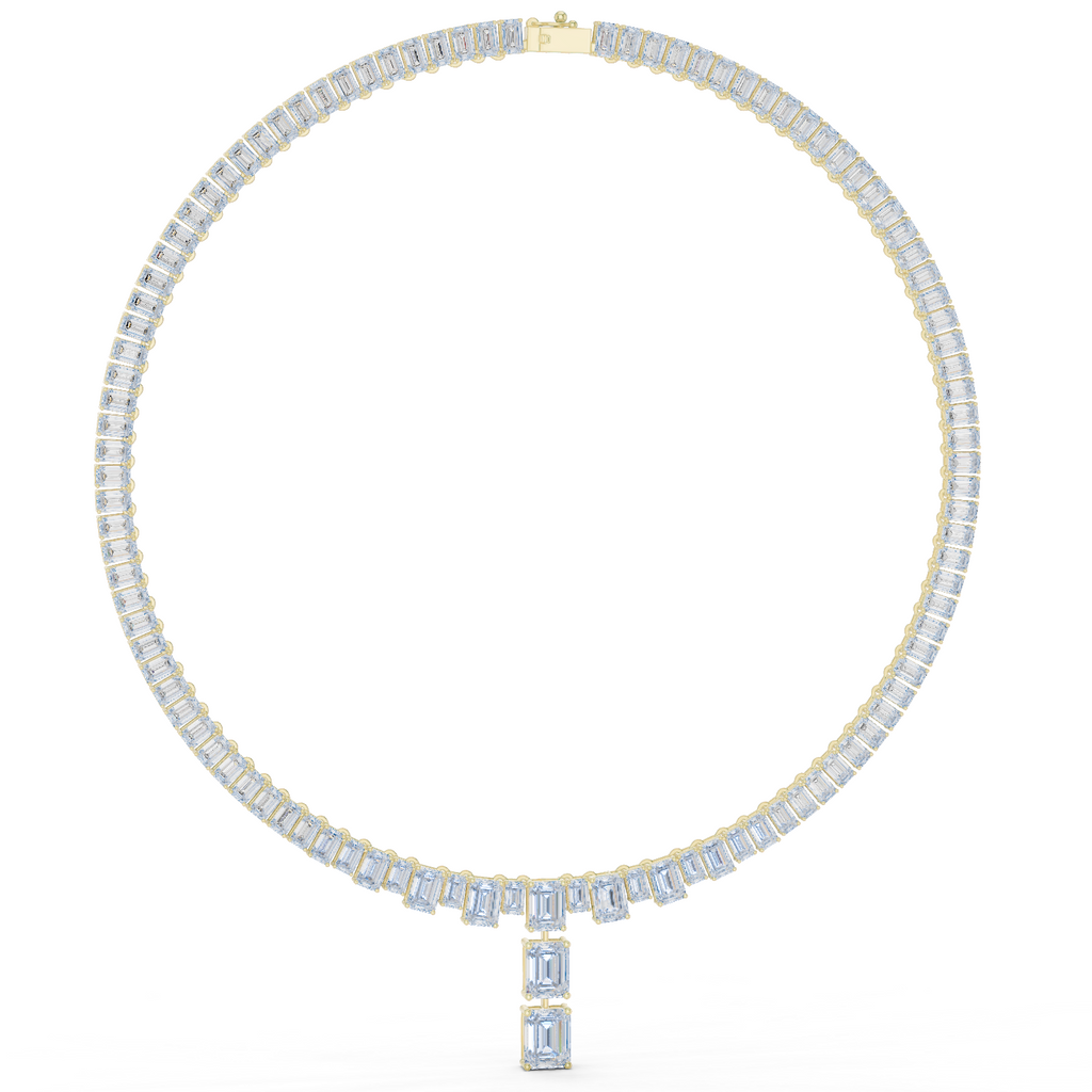 Emerald-cut diamond line necklace in yellow gold with baguette diamonds and emerald-cut drop
