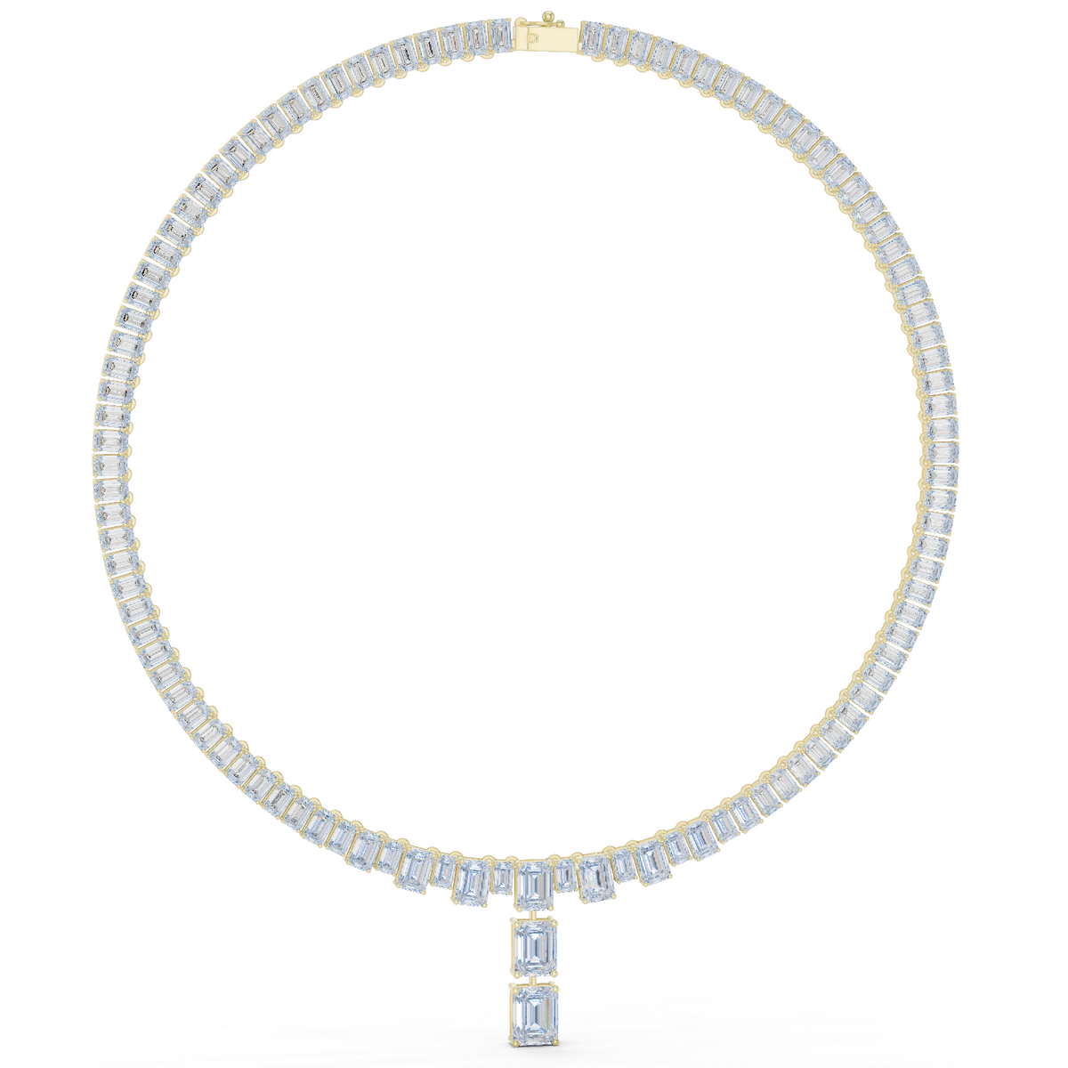 Emerald-cut diamond line necklace in yellow gold with baguette diamonds and emerald-cut drop