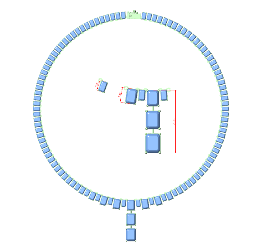 Diamond line necklace design diagram with blue gemstone blocks and central pendant