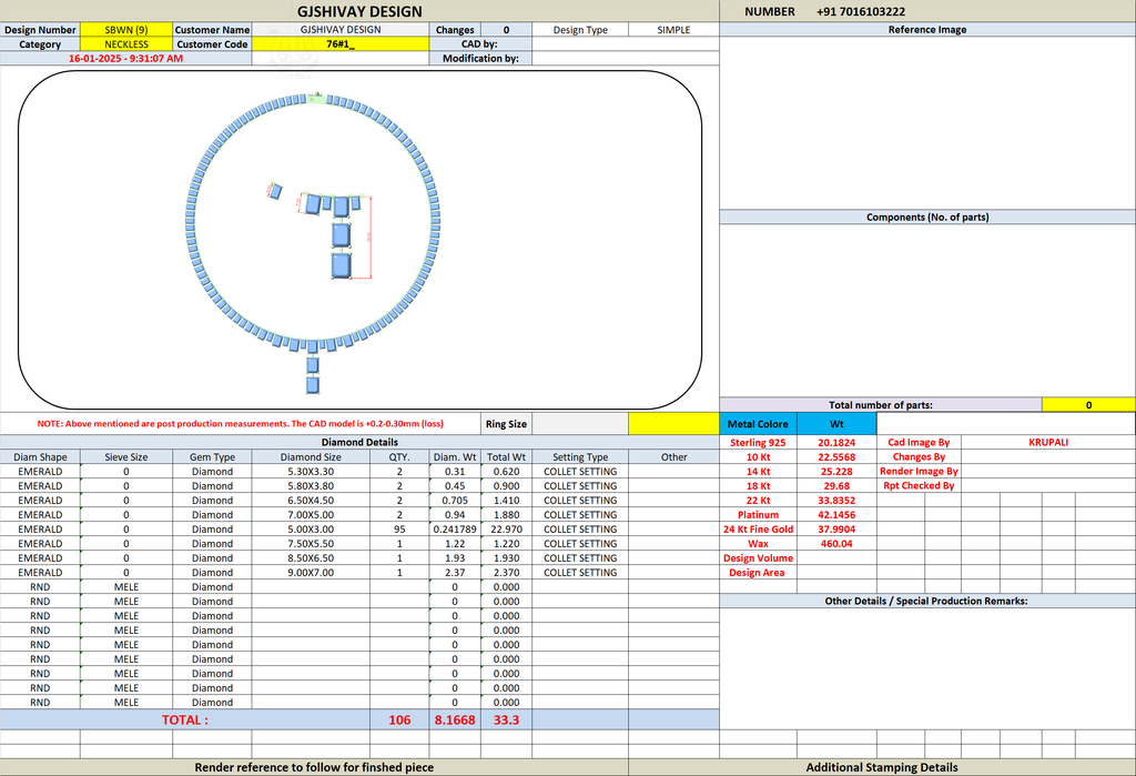 Diamond line necklace design specification page with components and size table