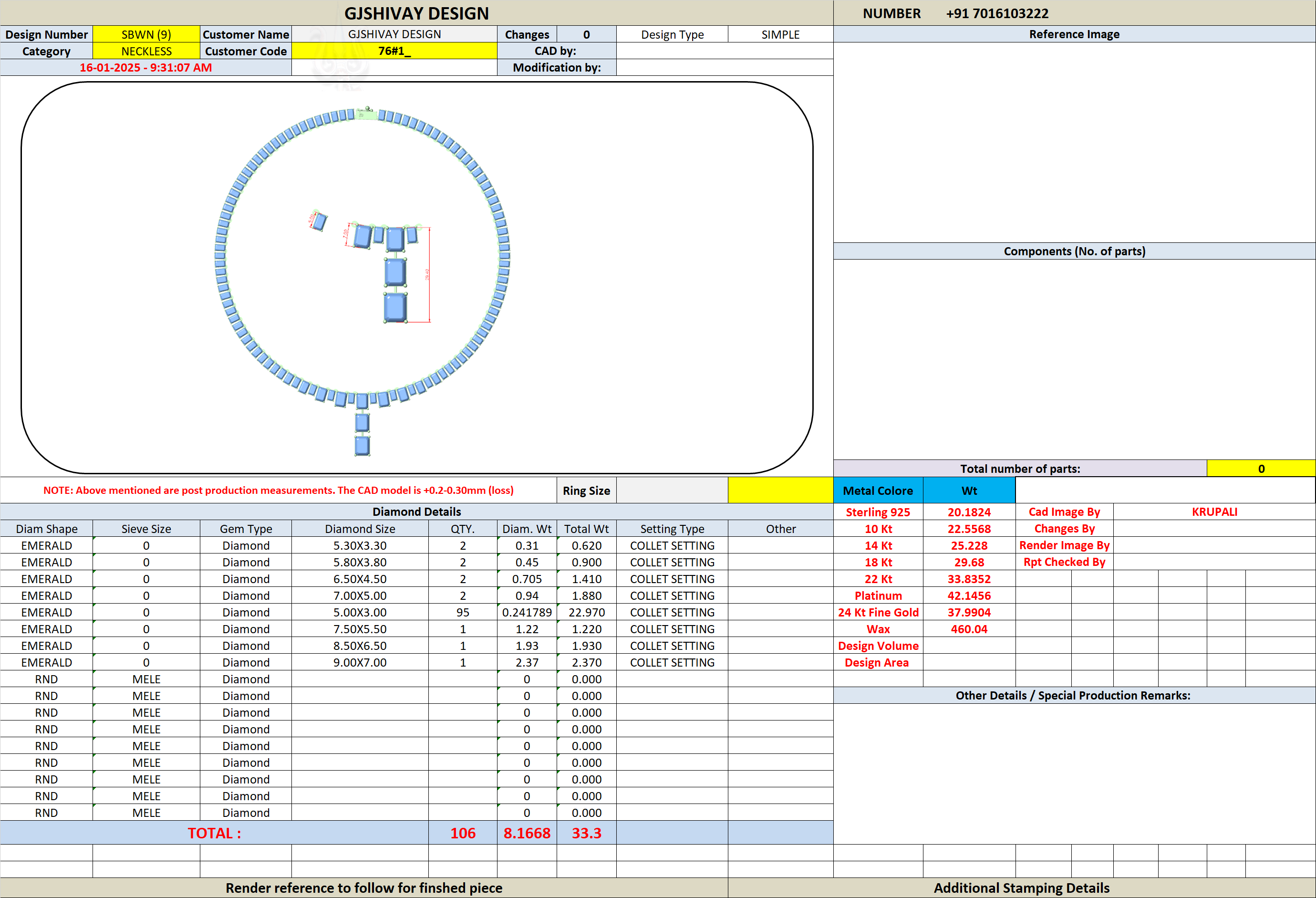 Diamond line necklace design specification page with components and size table