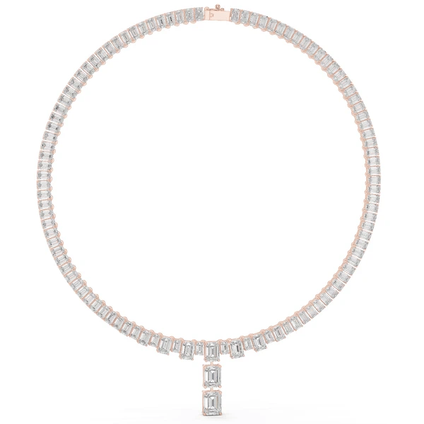 Emerald-cut diamond line necklace in rose gold with baguette link chain and pendant