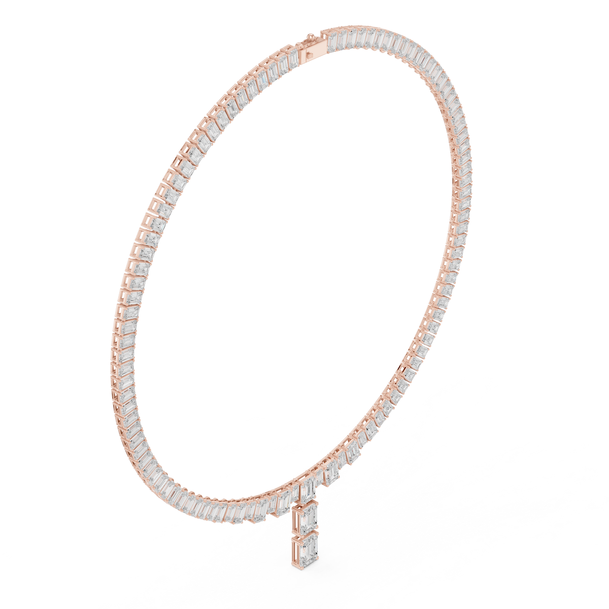 Rose gold emerald-cut diamond line necklace with baguette links and small drop pendant