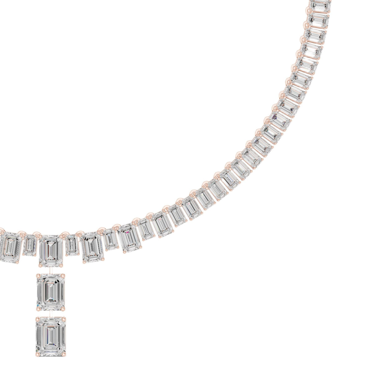 Rose gold diamond line necklace with baguette links and vertical emerald-cut centerpiece