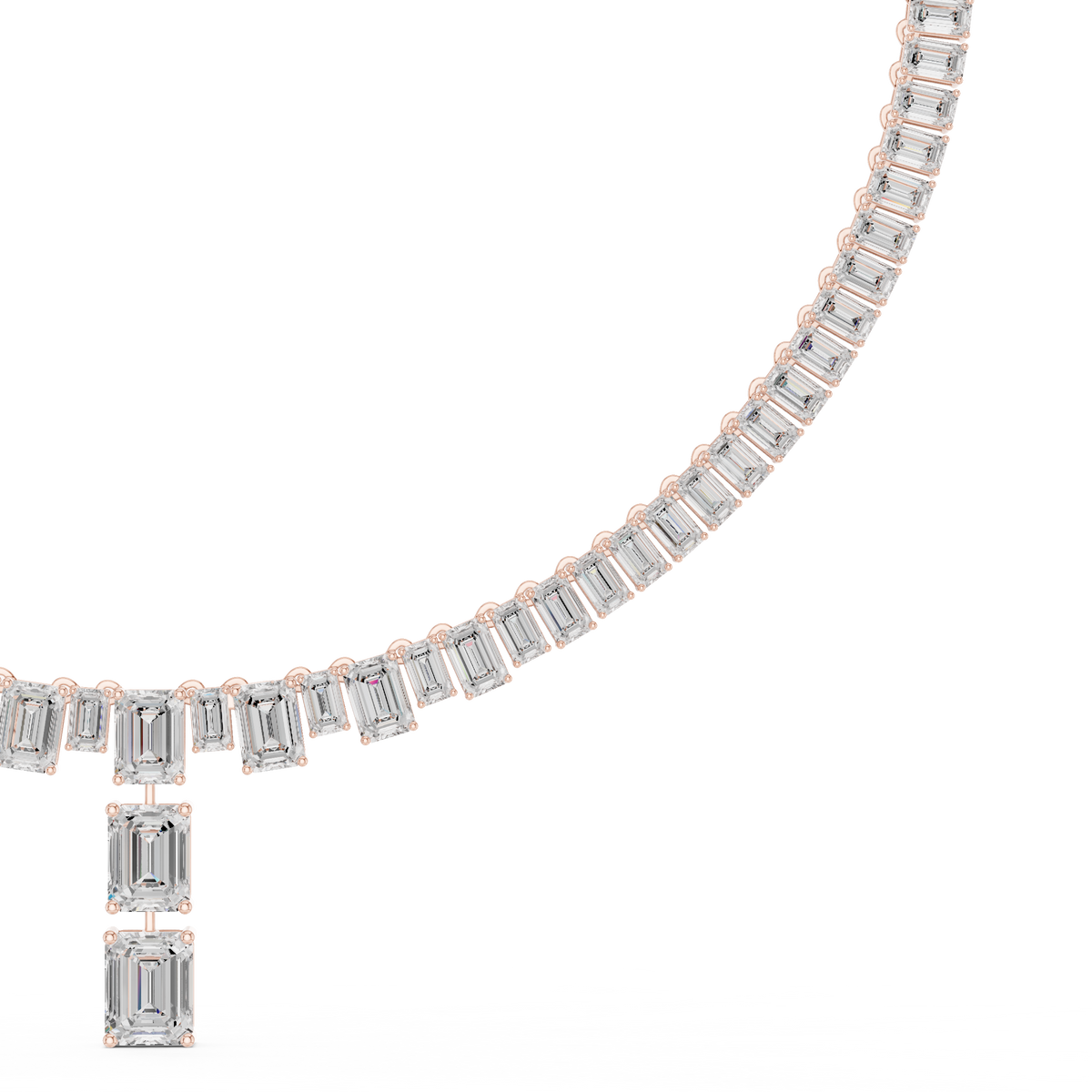 Rose gold diamond line necklace with baguette links and vertical emerald-cut centerpiece