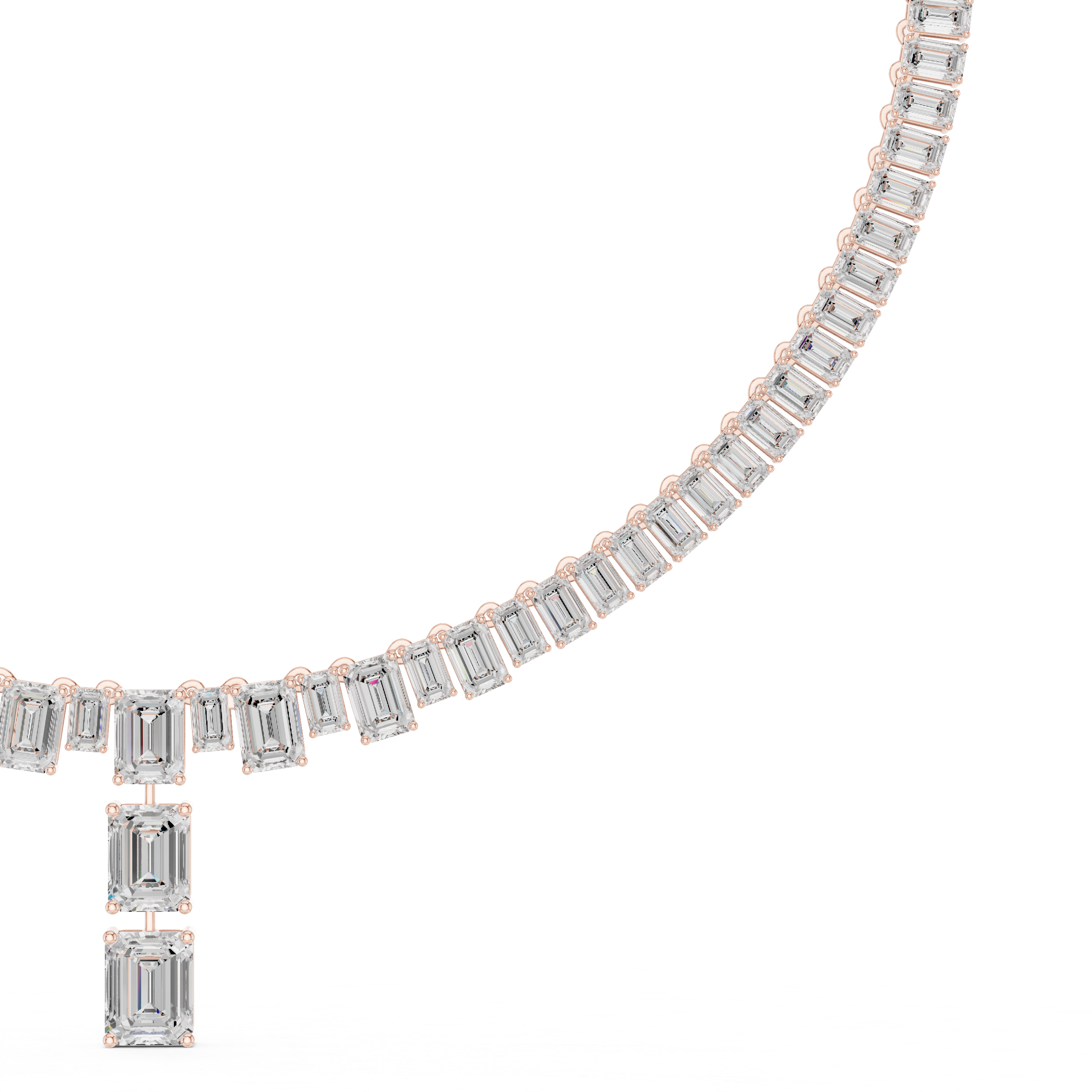 Rose gold diamond line necklace with baguette links and vertical emerald-cut centerpiece
