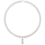 White gold emerald-cut diamond line necklace with baguette links and small drop pendant