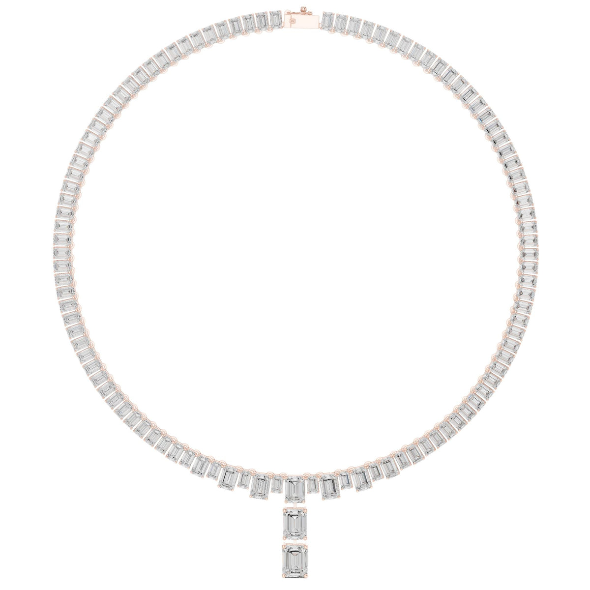 White gold emerald-cut diamond line necklace with baguette links and small drop pendant