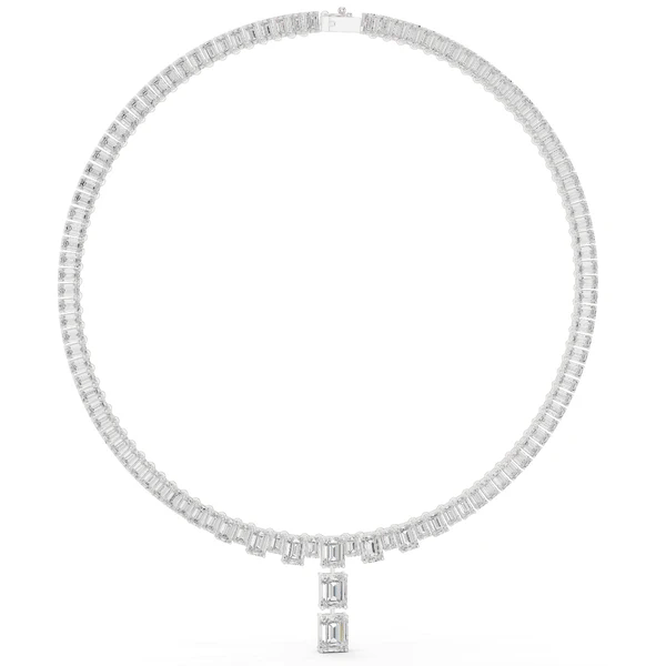 Emerald-cut diamond line necklace in white gold with baguette link chain and pendant