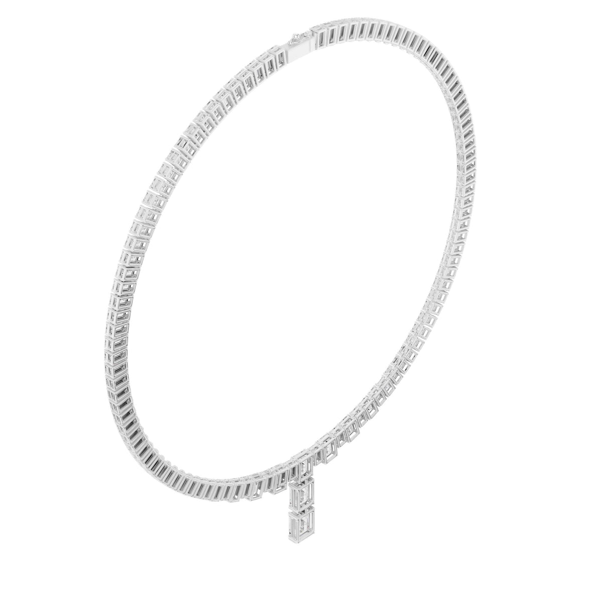 White gold diamond line necklace, close view of the emerald-cut pave band and center pendant.