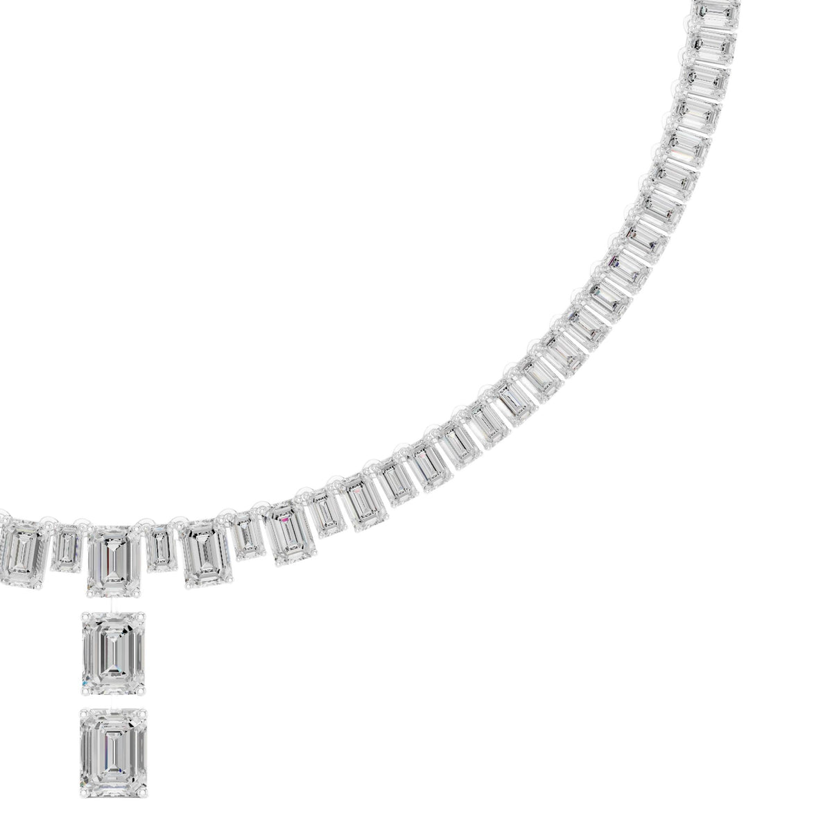 Diamond line necklace with emerald-cut baguette stones and a dangling emerald-cut pendant in white.