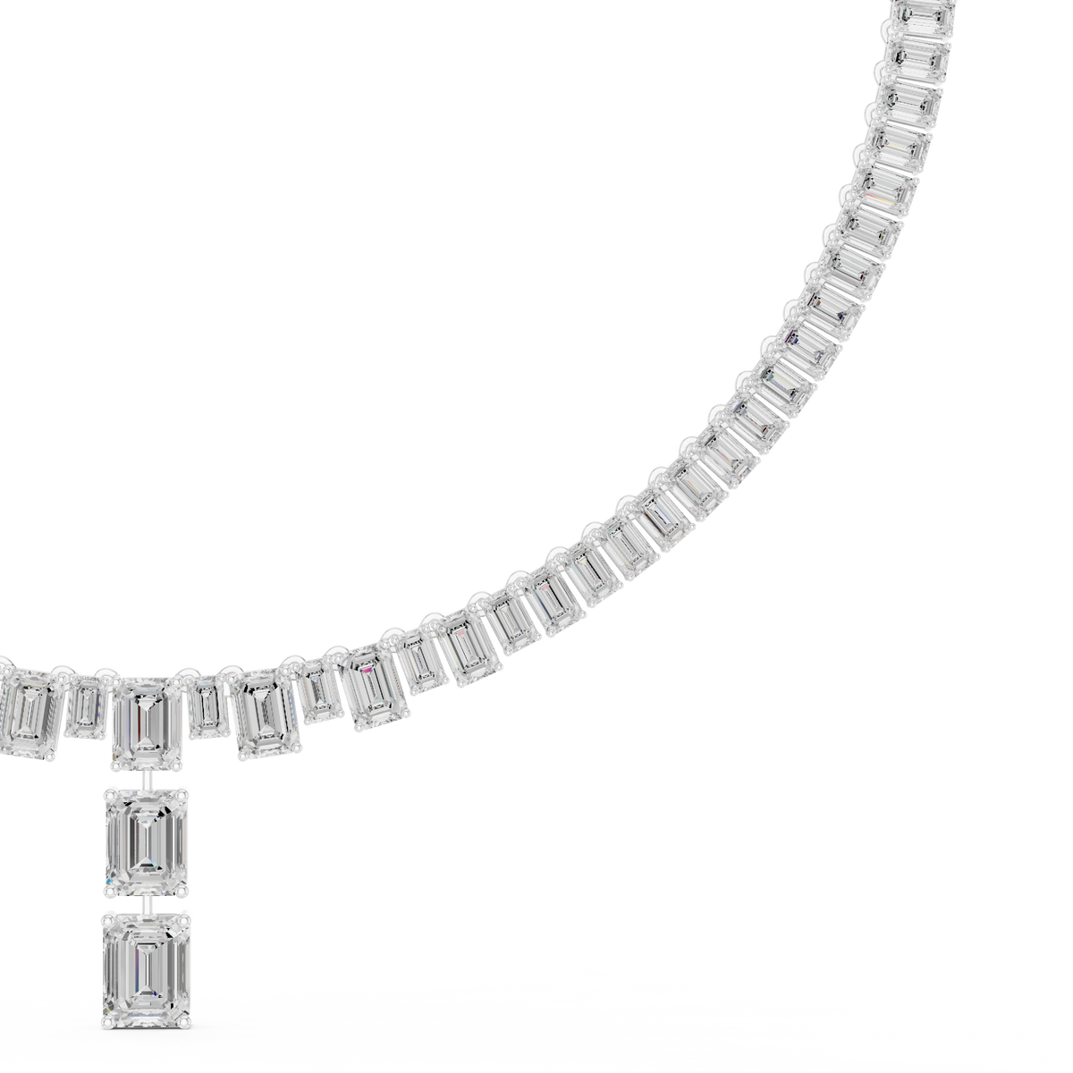 Diamond line necklace with emerald-cut baguette stones and a dangling emerald-cut pendant in white.