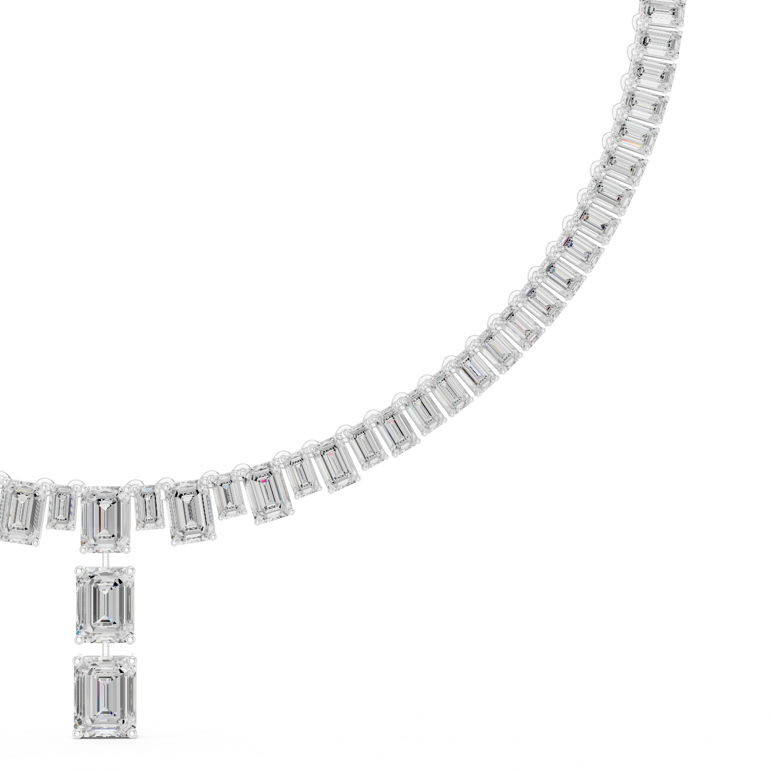 White gold diamond line necklace with emerald-cut stones and box-set pendant