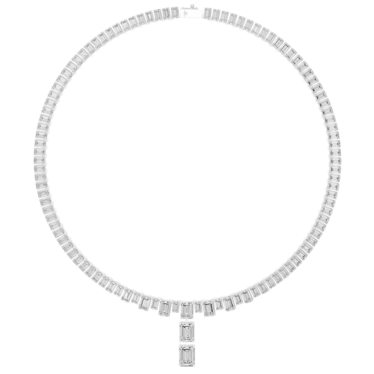 White gold emerald-cut diamond line necklace with a central pendant and smooth station links.