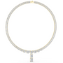 Yellow gold emerald-cut diamond line necklace with a central pendant, shown from the front view.