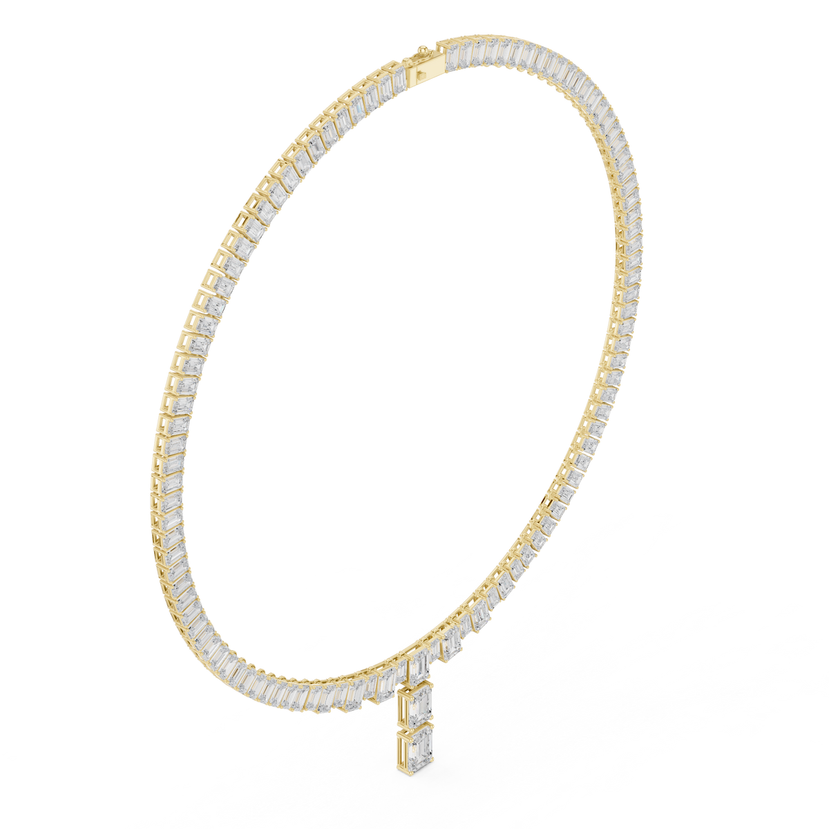 Yellow gold diamond line necklace with emerald-cut stones and a central emerald-cut pendant.