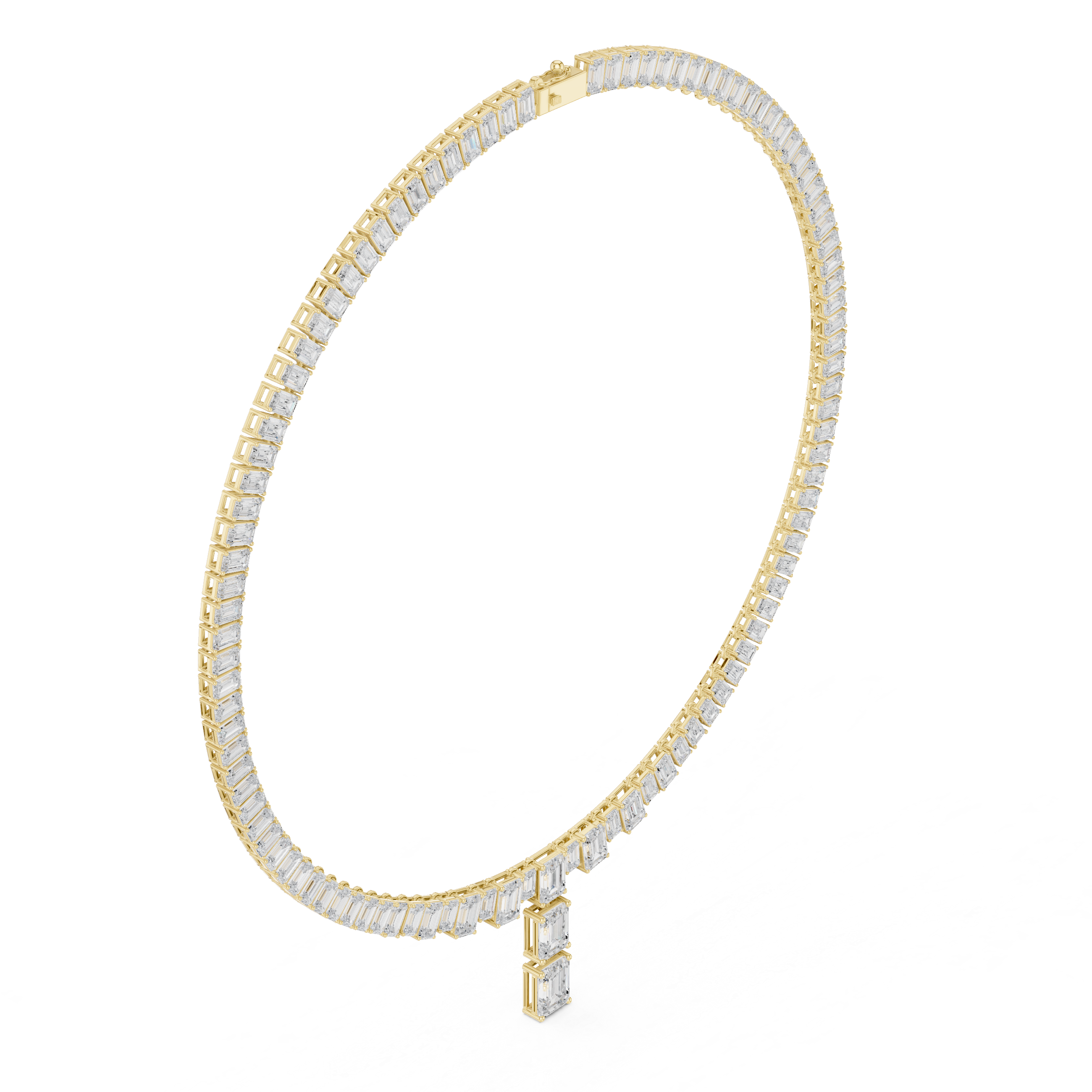 Yellow gold diamond line necklace with emerald-cut diamond row and central pendant
