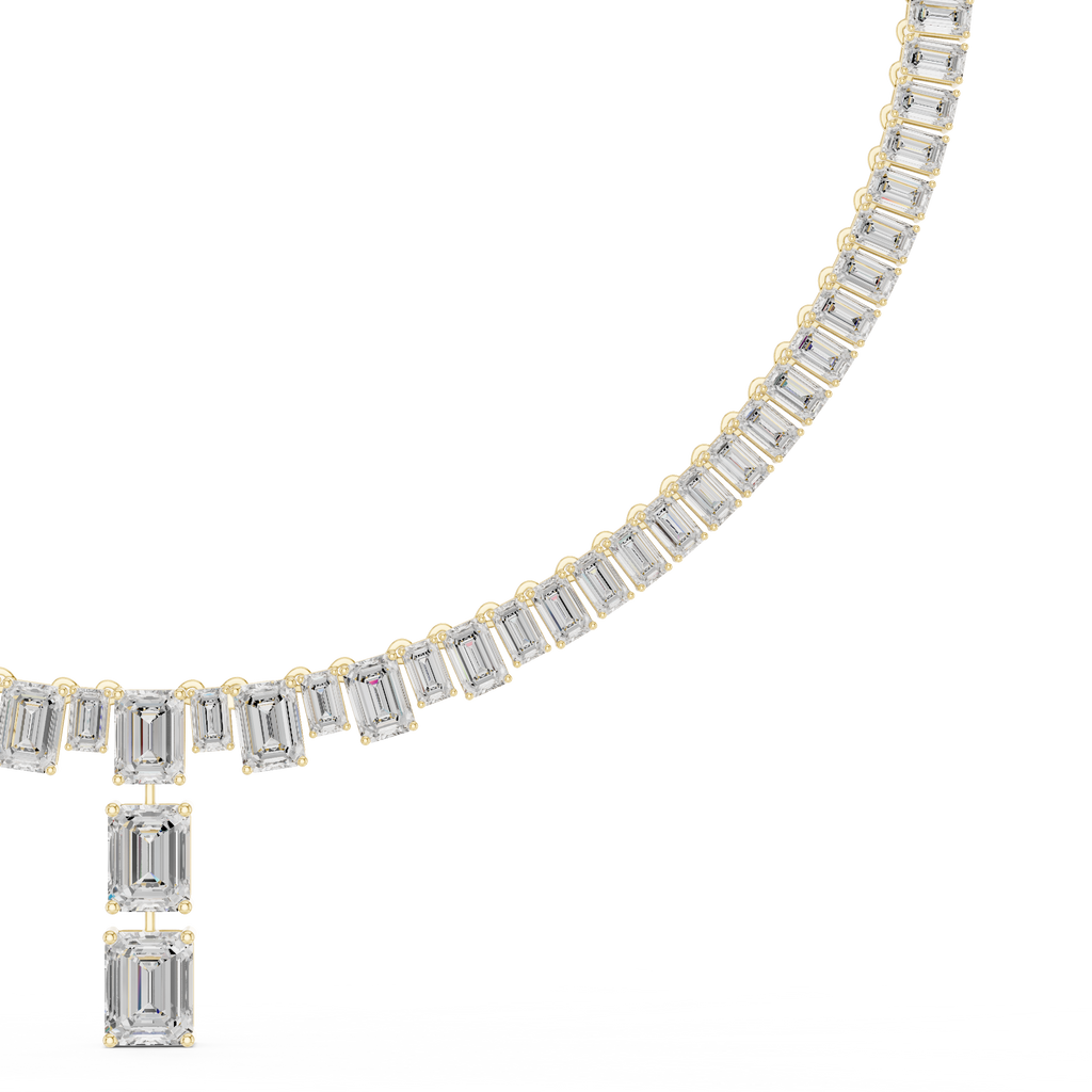 Two-tone diamond line necklace with emerald-cut stones in white and yellow settings