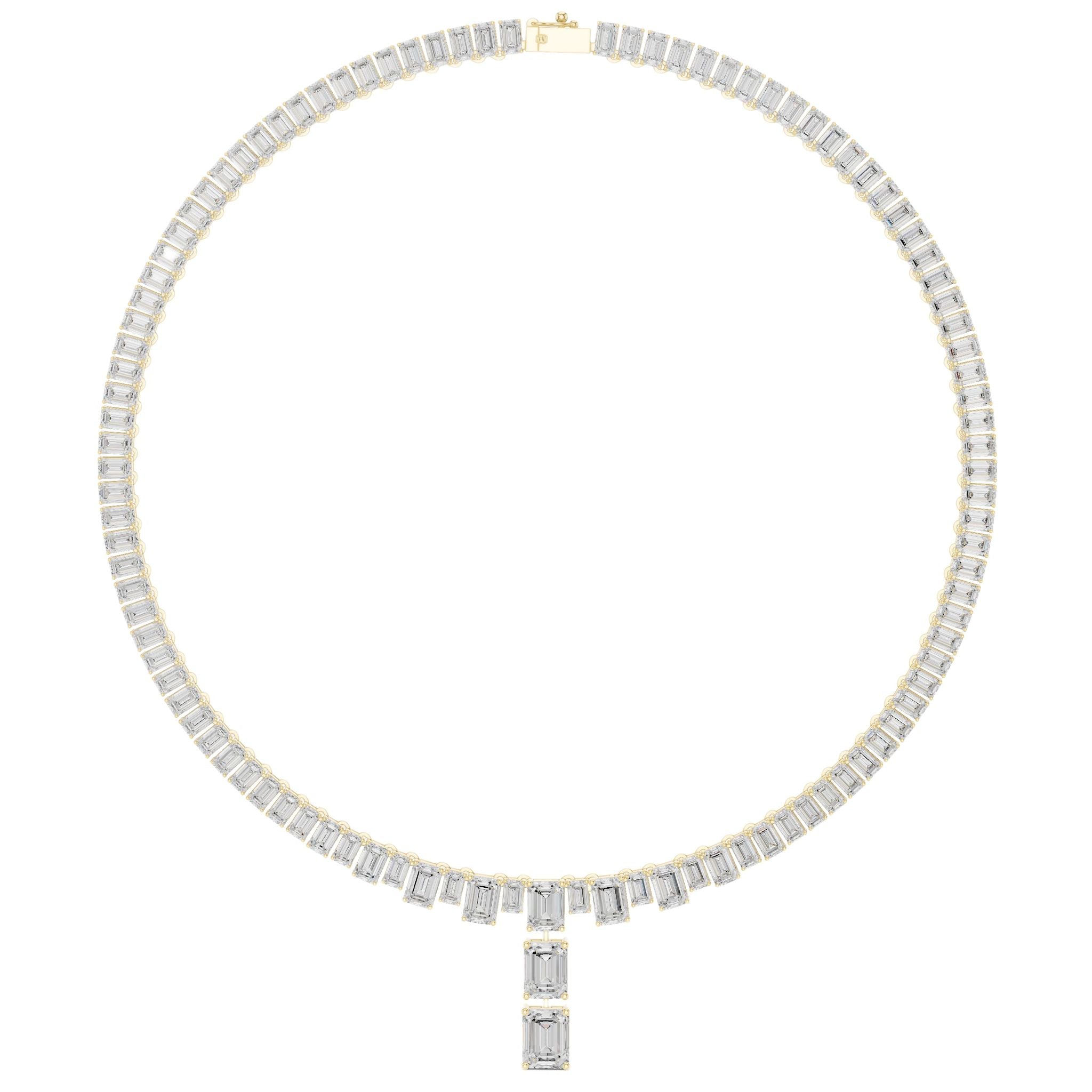 Yellow gold emerald-cut diamond line necklace with a central pendant and closely set station stones.