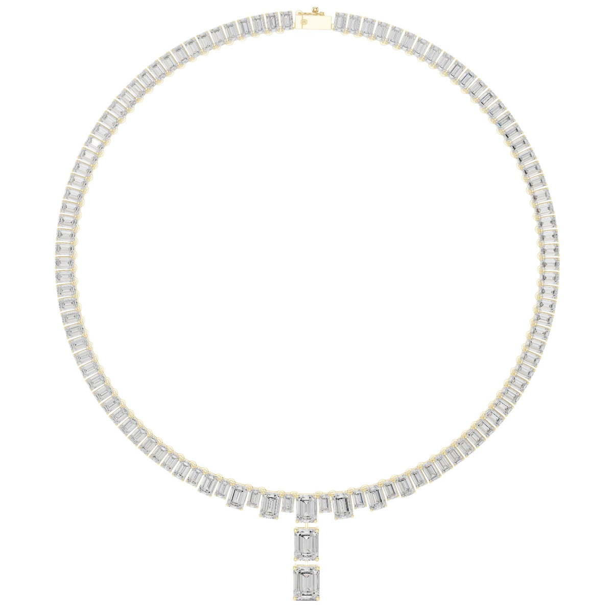 Yellow gold emerald-cut diamond line necklace with a central pendant and closely set station stones.
