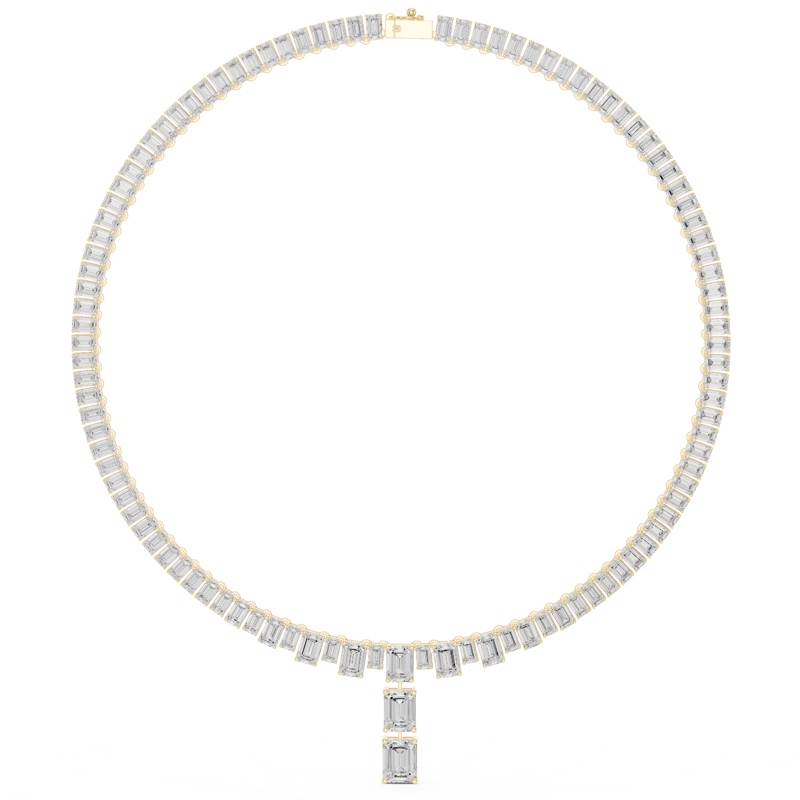 Yellow gold emerald-cut diamond line necklace with a central pendant and closely set station stones.