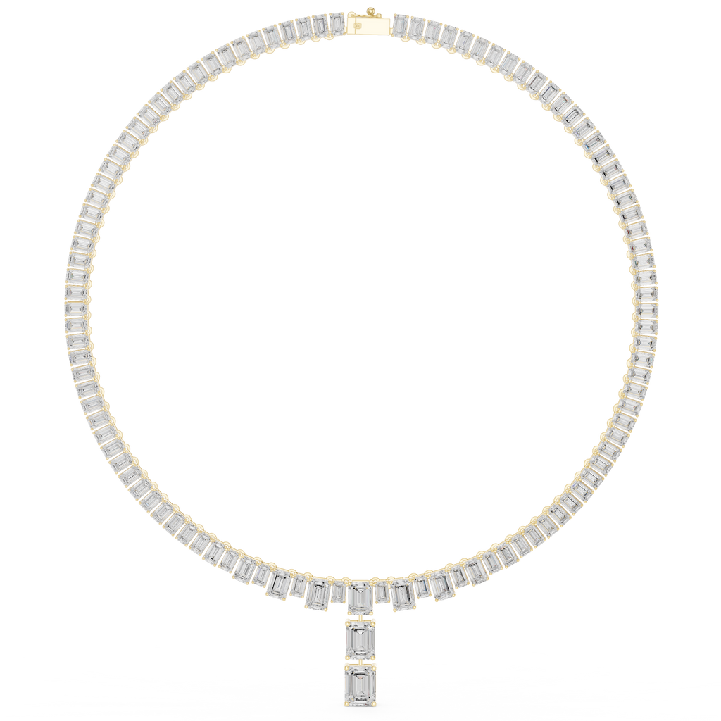 Two-tone diamond line necklace with emerald-cut stones and pendant detail