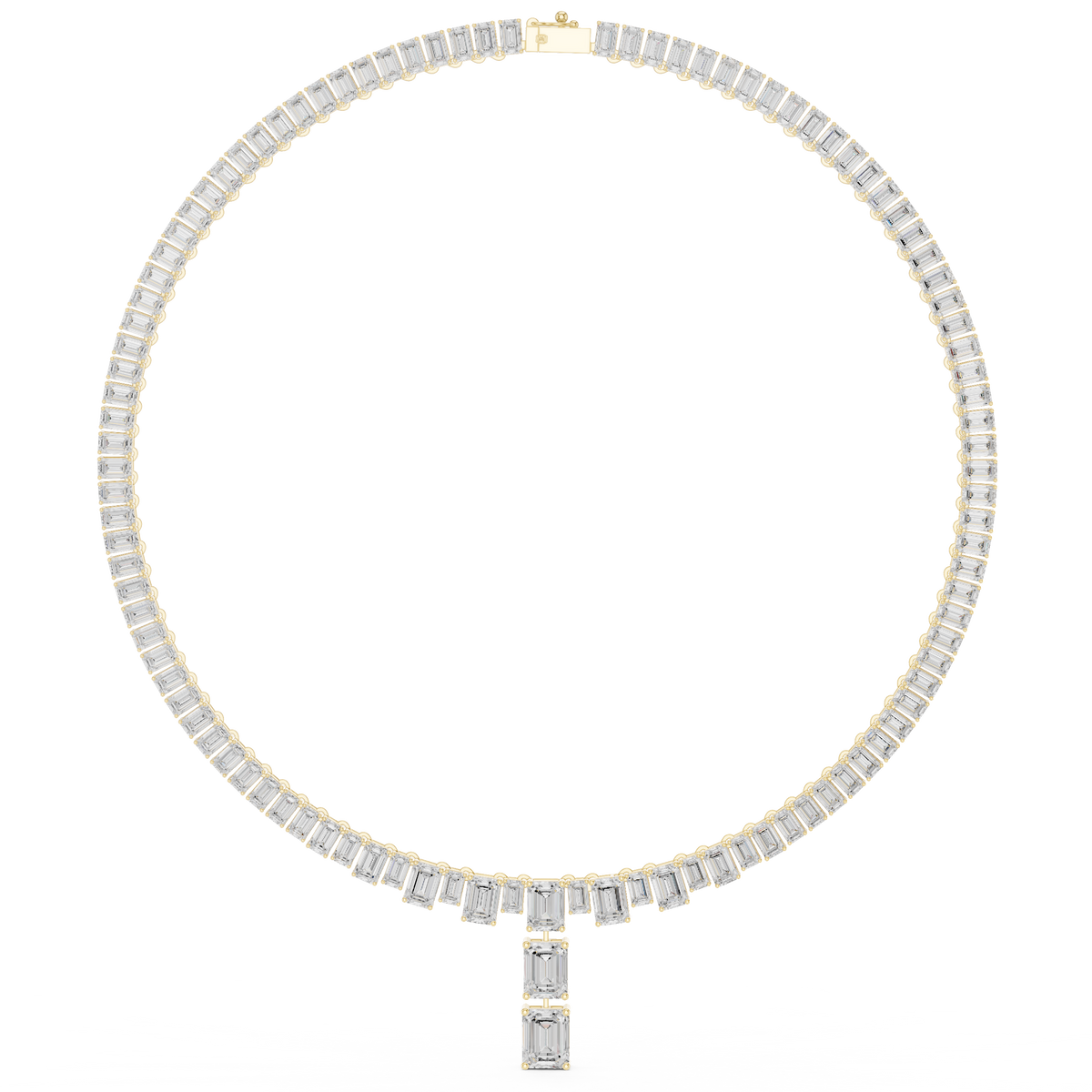 Yellow gold emerald-cut diamond line necklace with a central pendant and closely set station stones.
