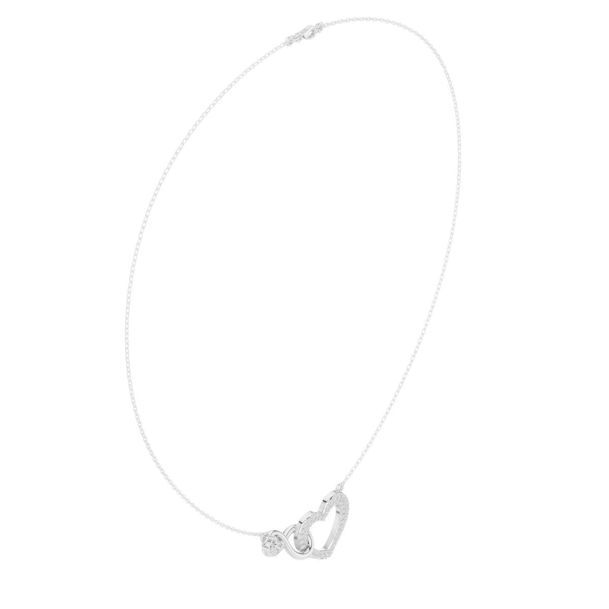 White gold diamond heart necklace with open heart love-knot pendant, angled view