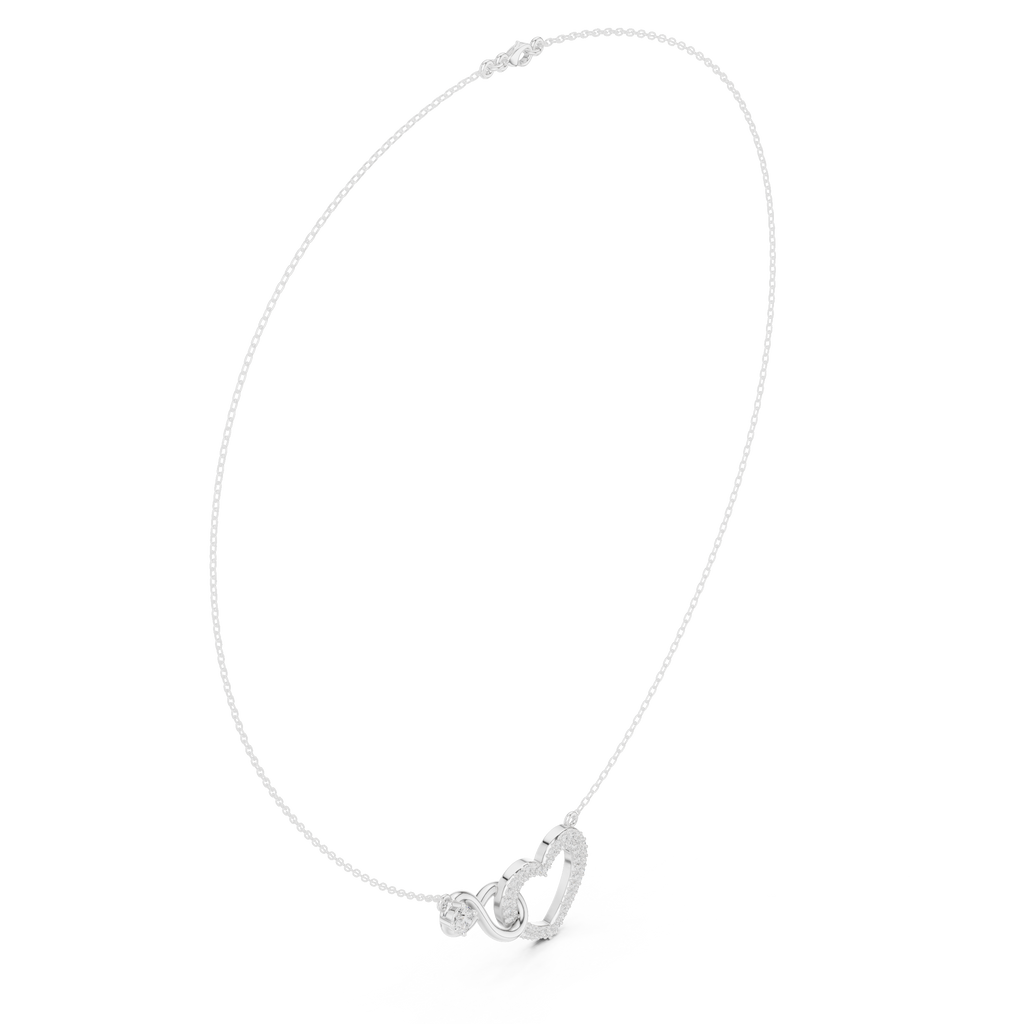 White gold heart diamond necklace with love-knot pendant and round-cut stones