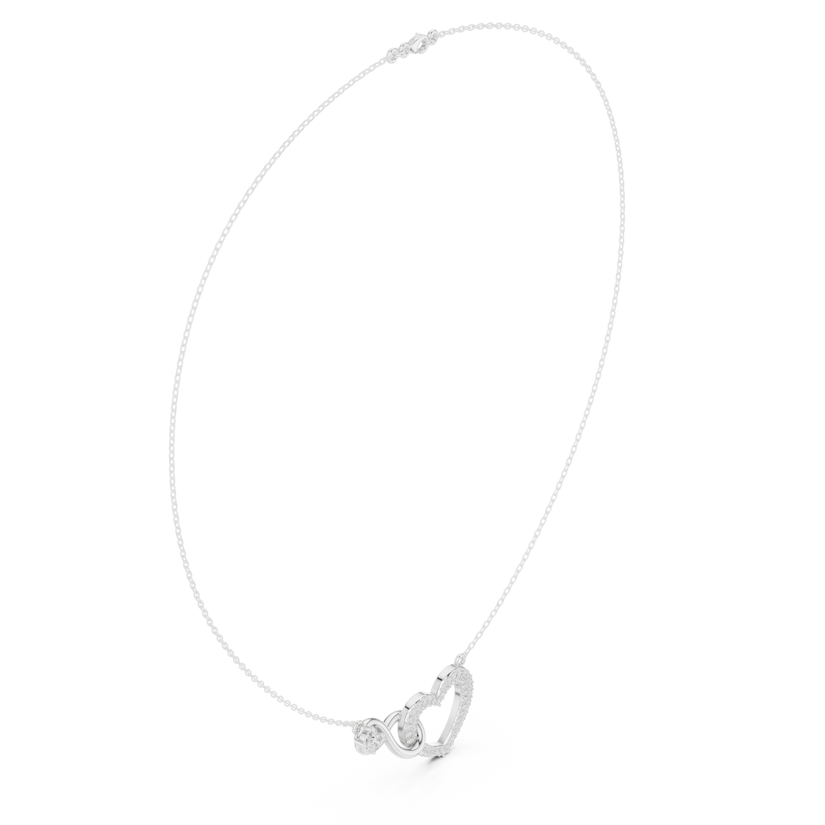 White gold diamond heart necklace with open heart love-knot pendant, angled view