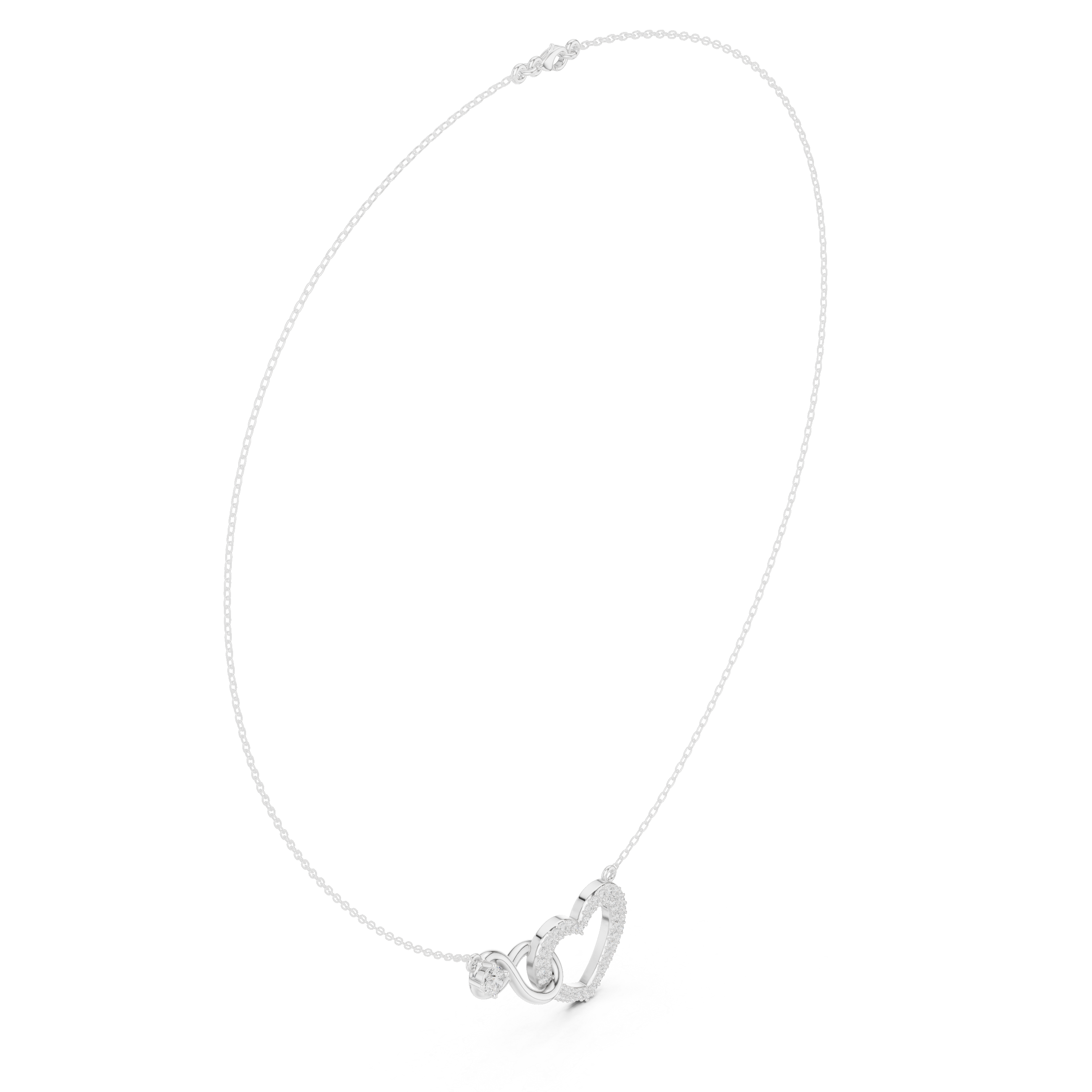White gold heart diamond necklace with love-knot pendant and round-cut stones